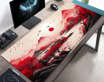 Japanese Desk Decor, Japan Desk Mat, Hidden Minkas in the Red Mountains Mouse Pad, Japan Mousepad XL, Aesthetic Office Accessory