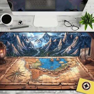 Fantasy Gamer Playmat for Table Top Gaming or Card Gamers or for PC Gamers Featuring Treasure Map and Fantasy Mountains