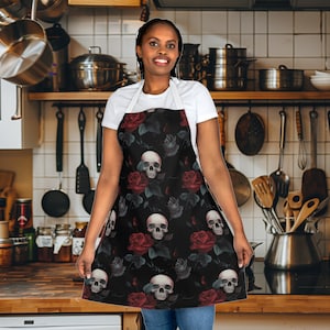 Gothic Skull & Roses Apron, Black and Red Floral Kitchen Accessory, Unique Dark Chef Gift, Spooky Cooking Apparel