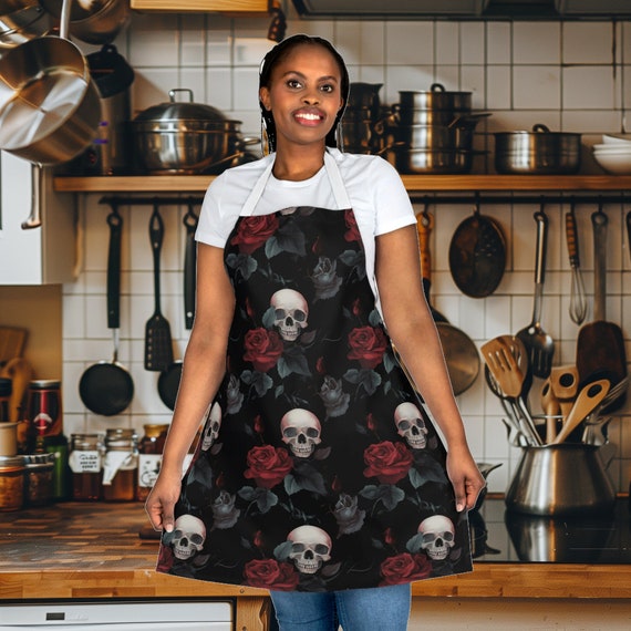 Gothic Skull Roses Apron Black and Red Floral Kitchen Accessory Unique Dark Chef Gift Spooky Cooking Apparel Etsy