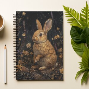 May include: Spiral-bound notebook featuring a detailed illustration of a brown rabbit amidst flowers and foliage. The cover art has a dark background with a starry night sky. A cup of coffee and a pencil are on the left.