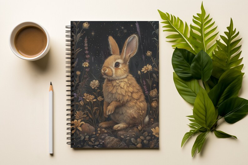 May include: Spiral-bound notebook featuring a detailed illustration of a brown rabbit amidst flowers and foliage. The cover art has a dark background with a starry night sky. A cup of coffee and a pencil are on the left.