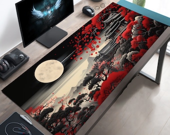 Full Moon Japanese Mountain Valley Minka in Black and Red, Large Gaming Desk Mat