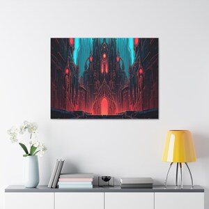 Dark Fantasy Cyberpunk Cathedral Canvas Print, Cyberpunk Wall Art, Fantasy Wall Decor, Ready to Hang Living Room, Bedroom, Guest Room