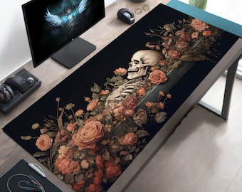 Dark Cottagecore Desk Mat, Dark Academia Mousepad, Floral Skeleton Mouse Pad, Macabre Deskmat, Gothic Deskpad, Extra Large Mousemat
