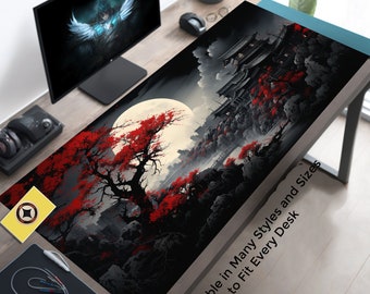 Riverside Japan Full Moon in Black and Red, Long Mouse Pad, Extra Large Mousepad, Gaming Desk Mat, Japanese Desk Pad