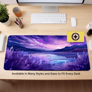 Pastel Anime Sunset Desk Mat, Manga Style Mountain Lake Mouse Pad, Kawaii Floral XL Workspace Decor, Cute Japanese Desk Accessories image 3