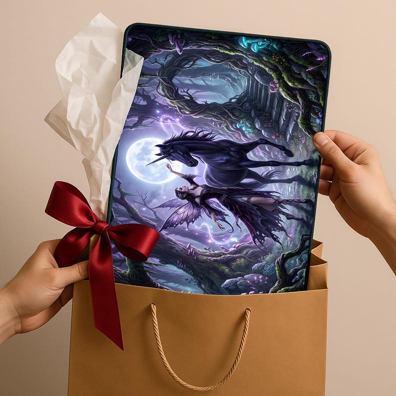 May include: A fantasy art print depicting a black unicorn and a fairy in a moonlit forest. The print is in a brown gift bag, adorned with a red satin bow and white tissue paper.