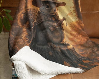 Fantasy Lovers Cute Medieval Squirrel Wizard Warm and Cozy Throw Blanket - Available in 2 Sizes - Gamer Throw Blanket - Squirrel Blanket