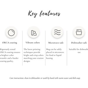 May include: Illustration of four key features of a mug: ORCA coating, vibrant colors, microwave-safe, and dishwasher-safe. The text below each icon describes the feature in more detail. The text at the bottom of the image reads: "Care instructions: clean in dishwasher or wash by hand with warm water and dish soap."