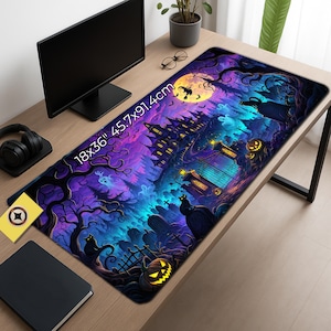 May include: A rectangular desk mat featuring a vibrant Halloween-themed illustration with a haunted mansion, glowing jack-o'-lanterns, black cats, ghosts, and a full moon in shades of purple and blue. The mat measures 18x36 inches.