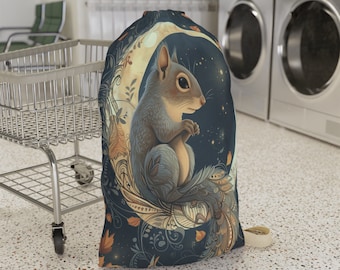 Cute Gray Squirrel on the Crescent Moon Laundry Bag, Drawstring Laundry Bag, Cute Laundry Hamper,Washing Bag,College Essentials