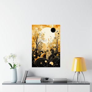 Gold and Black Whimsical Art Deco Township Poster Art Print, Art Deco Wall Decor