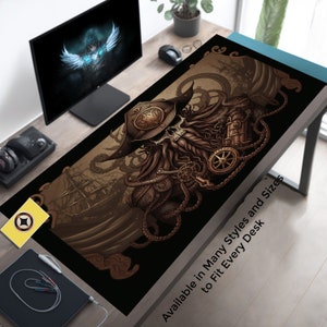 May include: A black and brown desk mat featuring a detailed illustration of a skull-faced pirate with a long beard, wearing a tricorn hat and holding a compass. The pirate is surrounded by nautical elements, including ropes, a ship, and an octopus. The text "Available in Many Styles and Sizes to Fit Every Desk" is printed at the bottom of the mat.