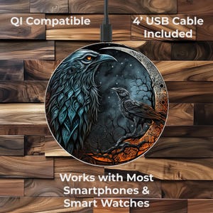 Wireless Charger Phone Charger Pad Fast Charging Qi magic iPhone Android smart watch Apple Airpods Galaxy earbud headphone Gothic Raven