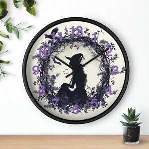 Cute Witchy Clock, Purple Witch Clock, Witchy Decor, Halloween Clock, Round Clock for Home or Office, Gift for Wife, Gift for Girlfriend
