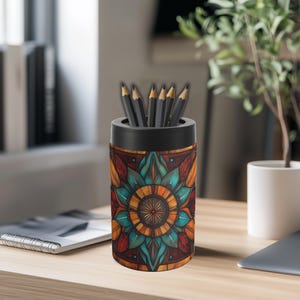 Porta-lápis com arte de mandala inspirada em nativos americanos - Pote para lápis - Decoração de mesa