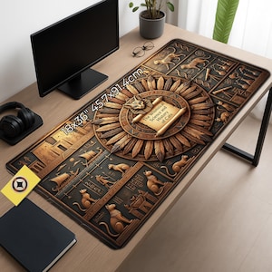 May include: A large desk mat with an Egyptian-themed design. The mat is 18x36 inches (45.7 x 91.4 cm) and features a central sunburst design with a scroll that reads "The Whimsical Science and History of Cats". The mat is brown and gray with cat illustrations.