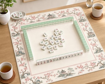 Pink Cherry Blossom Pagoda Mahjong Mat – Chinoiserie Garden Game Surface