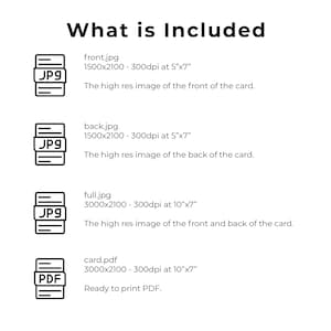 May include: What is Included: A graphic showing the different files included in a digital download. The files include high-resolution JPG images of the front and back of a card, a full-resolution JPG image of the front and back of the card, and a printable PDF file of the card.