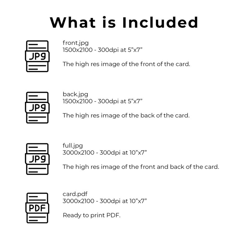 May include: What is Included: A graphic showing the different files included in a digital download. The files include high-resolution JPG images of the front and back of a card, a full-resolution JPG image of the front and back of the card, and a printable PDF file of the card.