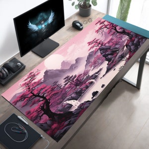 Dreamy Pink Japan Desk Decor, Gaming Desk Mat, japanese desk decor,Japanese Desk Mat,Mousepads,Neoprene Desk Mat, Ukiyo-e Mousepad