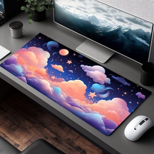 Cute Desk Accessory: Starry Sky and Clouds, Anime Mouse Pad, Large Mousepad, Kawaii Desk Mat, Pastel Pink, Extra Large, Extended Deskmat