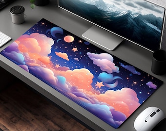 Cute Desk Accessory: Starry Sky and Clouds, Anime Mouse Pad, Large Mousepad, Kawaii Desk Mat, Pastel Pink, Extra Large, Extended Deskmat