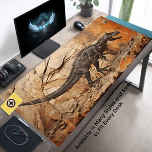 Dinosaur-themed Lofi Desk Mat: Prehistoric Desk Accessory Featuring Vibrant T-rex Fossil Design