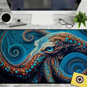 May include: A colorful abstract octopus with blue, orange, and yellow swirls and dots. The octopus is set against a dark blue background with swirling patterns.