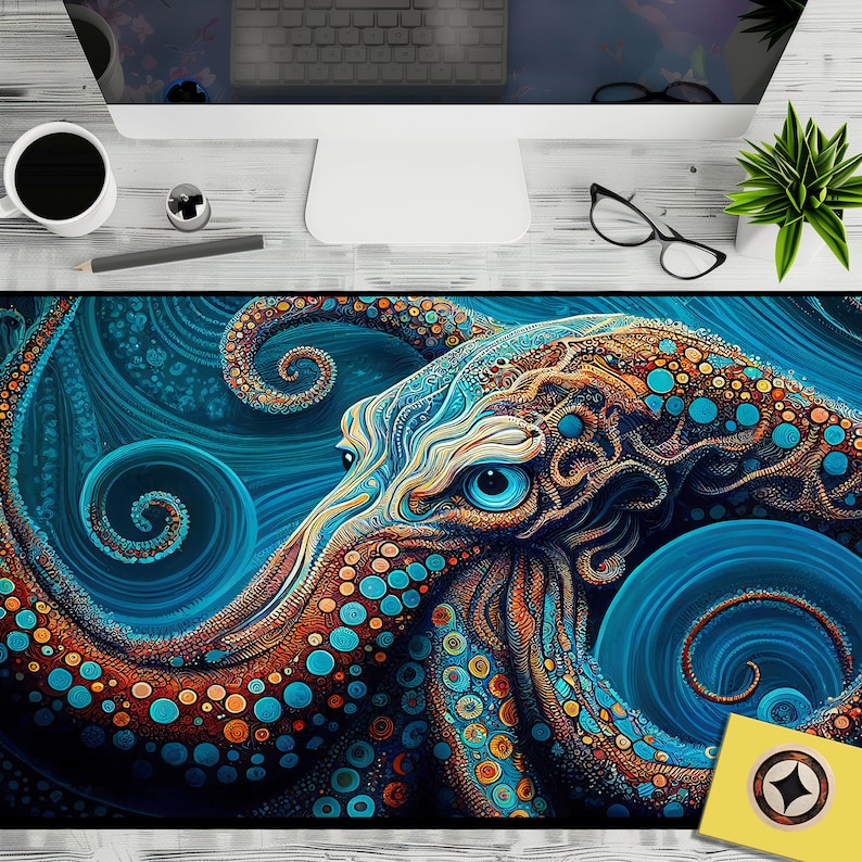 May include: A colorful abstract octopus with blue, orange, and yellow swirls and dots. The octopus is set against a dark blue background with swirling patterns.