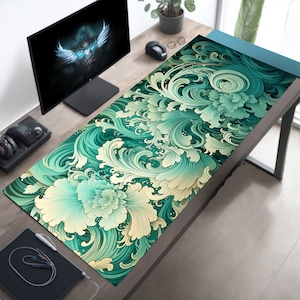 Grote muismat, Japanse ukiyo-e bureaumat, mintgroene muismat, Japanse abstracte bureaumat, groot toetsenbord, laptopmat, kantoorcadeau