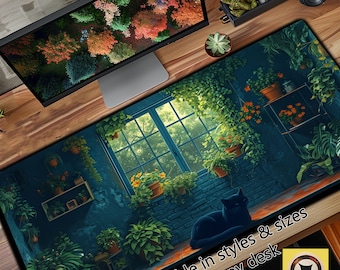 Plant Lovers Deep Green Desk Mat, Cute Cat Desk Pad, Anime Inspired Mouse Pad, Lofi Desk Mat Mousepad XL, Extended Deskmat XXL
