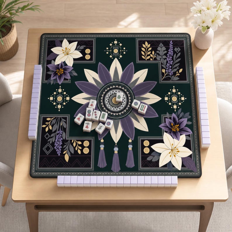 May include: A square mahjong mat featuring a dark green background with a central purple and cream floral mandala design, accented by corner botanical illustrations and tassels. White mahjong tiles are arranged on the mat and in racks.