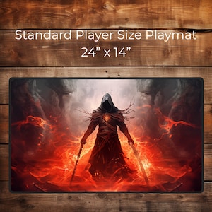 May include: A hooded figure stands in a fiery landscape, holding two swords. The figure is wearing a dark robe and has a red heart on their chest. The background is a fiery orange and red with smoke and flames. The text "Standard Player Size Playmat 24" x 14" " is at the top of the image.