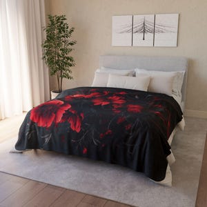 Large Soft Fleece Blanket - Electric Goth Black and Red Flowers - Goth Throw Blanket - Dark Fantasy Blanket - Dark Romanticism Gifts image 5