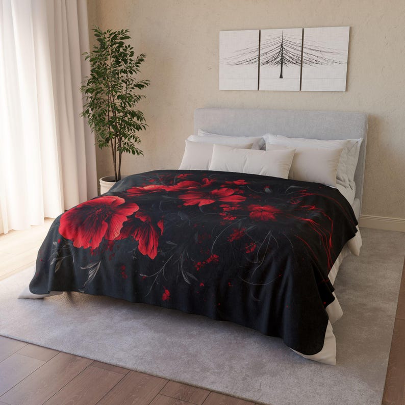 Large Soft Fleece Blanket - Electric Goth Black and Red Flowers - Goth Throw Blanket - Dark Fantasy Blanket - Dark Romanticism Gifts image 5