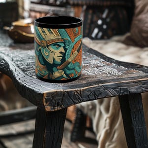 Aztekisk krigare svart kaffemugg: Mesoamerikansk konst, spelgåva