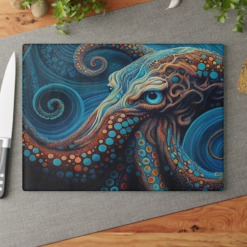 Glass Cutting Board, Octopus Kitchen Decor, Beach Home Kitchen, Unique Kitchen Accessory,Octopus Cutting Board, Veg Cutting Board, Chef Gift image 2