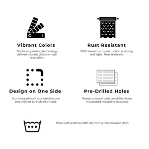 Puede incluir: Ilustraci&oacute;n en blanco y negro de un letrero de metal con caracter&iacute;sticas como colores vibrantes, resistencia al &oacute;xido, dise&ntilde;o de un solo lado y agujeros pretaladrados. El letrero tambi&eacute;n es f&aacute;cil de limpiar con un pa&ntilde;o h&uacute;medo.