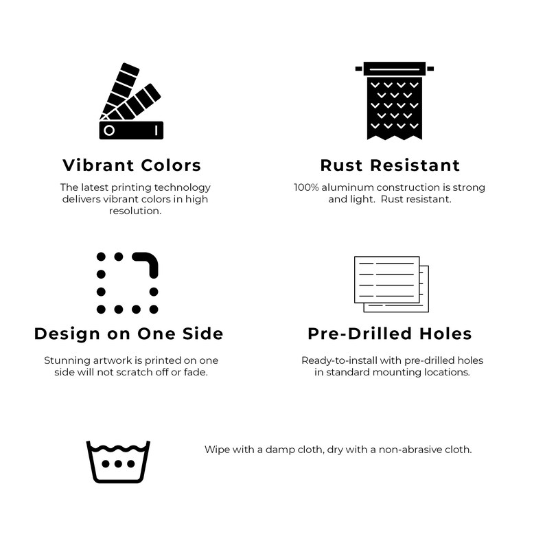 Puede incluir: Ilustraci&oacute;n en blanco y negro de un letrero de metal con caracter&iacute;sticas como colores vibrantes, resistencia al &oacute;xido, dise&ntilde;o de un solo lado y agujeros pretaladrados. El letrero tambi&eacute;n es f&aacute;cil de limpiar con un pa&ntilde;o h&uacute;medo.