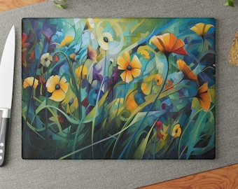 Glass Cutting Board, Cubist Style Wildflowers, Cute Cutting Board, Floral Cutting Board, Kitchen Accessory, Kitchen Gift, Cooking Gift