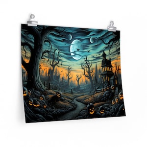 Triple Moon Halloween Wall Art: Spooky Village Street & Jack-o-Lantern Print