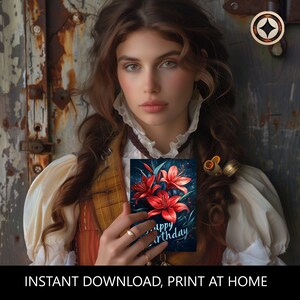 Red Spider Lilies Floral Birthday Card - Instant Download Card - Print