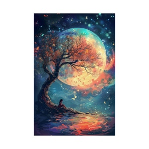 Póster de pared estético de ensueño contemplativo, póster del estado de ensueño, impresión de póster de ensueño, impresión de arte de árbol y luna llena, arte de sala de estar