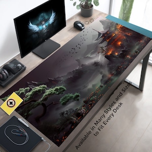 Könnte beinhalten: Eine dunkelgraue und schwarze Mausmatte mit einer Fantasy-Landschaft mit Bergen, Bäumen und einem Pagodentempel. Der Text "Available in Many Styles and Sizes to Fit Every Desk" ist in der unteren rechten Ecke der Mausmatte gedruckt.