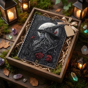 Witch, Moon and Roses - Personal Diary or Journal or Planner - Spiral Bound Notebook with 118 90gsm pages, 300gsm cover