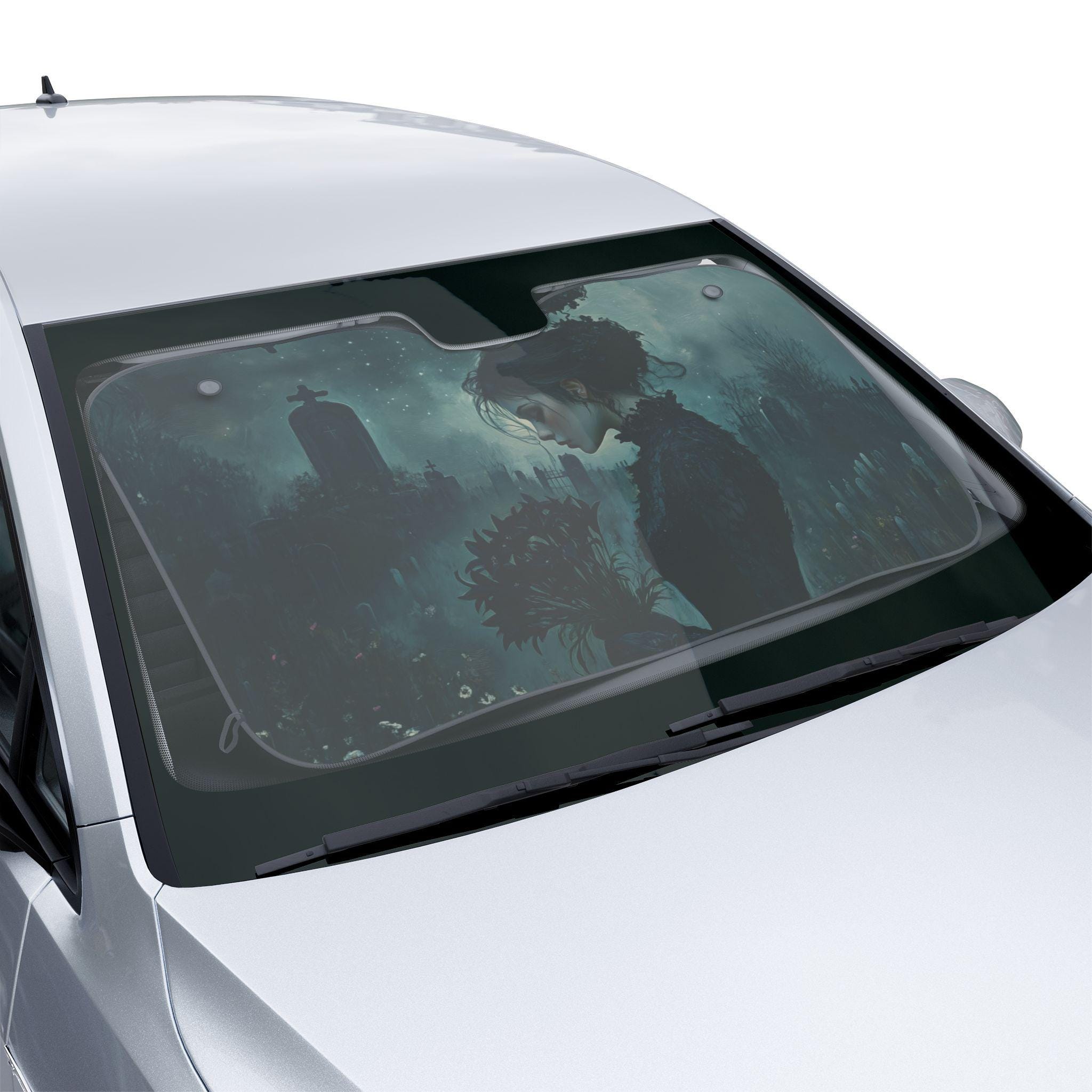 Gothic Car Sunshade: Cemetery Woman with Lilies Windshield Cover