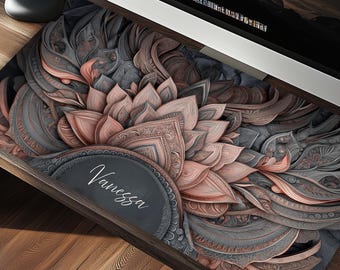 Personalized Mandala Desk Pad: Dark Pink & Gray, Custom Office Decor