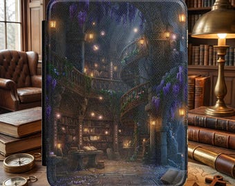 Custodia per Kindle a tema "Biblioteca Incantata - Notte" / Luci Fatate, Angolo Lettura Accogliente